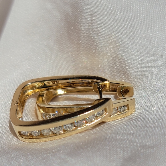 Vintage 14k Gold Diamond Rectangle Huggies - Picture 7 of 10